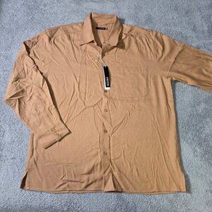 Visitor Mens Large Long Sleeve Button Down Shirt Tan 100% Silk Textured Pocket